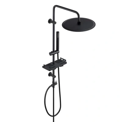 Immagine di Görbach Colonna Doccia Acciaio Inox Senza Miscelatore Regolabili Nero idromassaggio Asta Set a Pioggia Con Soffione e Porta Ogetti Mensola Tondato D30cm
