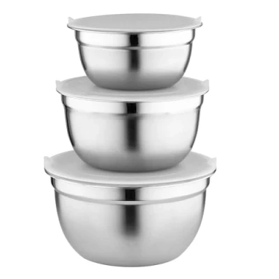 Immagine di FLORINA Set di 3 Ciotole Acciaio Inox Cucina I 14 16 18 cm Ciotola per Impasti con Coperchio Ermetico Insalatiera Insalata Lavabile in Lavastoviglie Ideale Cucinare e Cuocere Argento