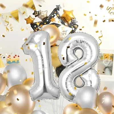 Immagine di Palloncini compleanno 18 anni Argento 40 pollici Decorazioni di un uomo donna Pallone numero gonfiabile in foil beige