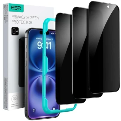 Immagine di ESR Pellicola Privacy per iPhone 16/ 15, Vetro temperato Anti Spia, Facile Strumento di Installazione, Bordi Micro curvi, Compatibile con Le custodie, 3 Pezzi