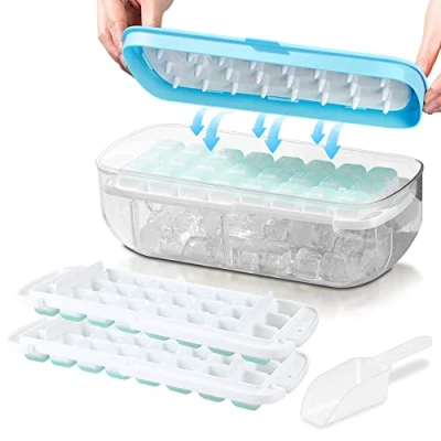 Immagine di Stampo in Silicone Alimentare, per 48 Cubetti di Ghiaccio con Coperchio, Rilascia Tutti un Secondo, Vassoio Riutilizzabile (Blu Ice Maker)