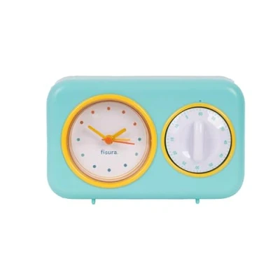 Immagine di Fisura Timer da cucina retrò verde menta. analogico 60 minuti. multifunzione con orologio e funzione sveglia. originale. Pomodoro.