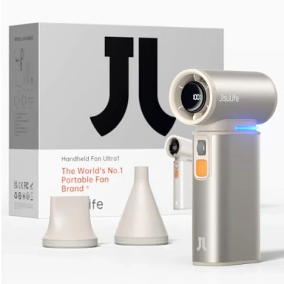 Immagine di JISULIFE Mini ventilatore portatile portatile, 100 velocità, regolabile, personale, 9000 mAh, ricaricabile tramite USB, funzionamento a batteria, display LED, guscio in metallo con