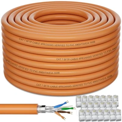 Immagine di Soibke Cavo Ethernet 120 Metri, Cat 7 Esterno di Rete Schermato SFTP LAN, Alta Velocità 10Gbps Wlan 120mt, Lungo Arancione Internet PiMF LSZH RJ45 per Router Modem
