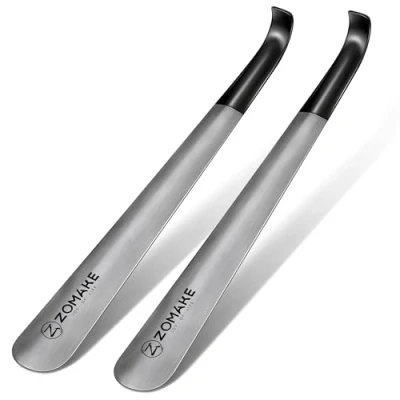 Immagine di ZOMAKE Calzascarpe Lungo in Metallo 2Pezzi,Acciaio Inossidabile Shoe Horn 42cm Calzante con Manicotto Gomma Facile da Usare(2Pezzi Argento)