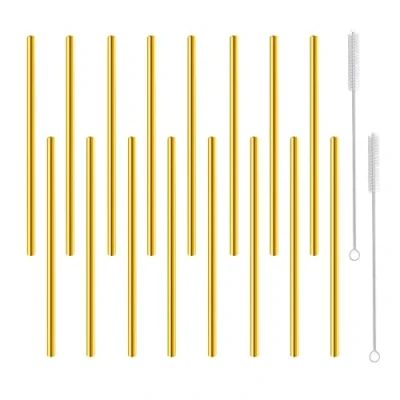 Immagine di morneve Cannucce corte da cocktail, in acciaio inox, riutilizzabili, piccole, mini 15,2 cm, per feste, bicchieri, caffè, succo, tè, mojito, con pennello, oro, 16 pezzi