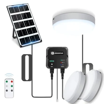 Immagine di Aigostar Plafoniera LED Solare Esterno Interni con Telecomando, Scatola di accumulo energia, 35W, IP65 Impermeabile, Regolabile 6500K, Cavo 8M, Interruttore a Cordino, 2 pcs