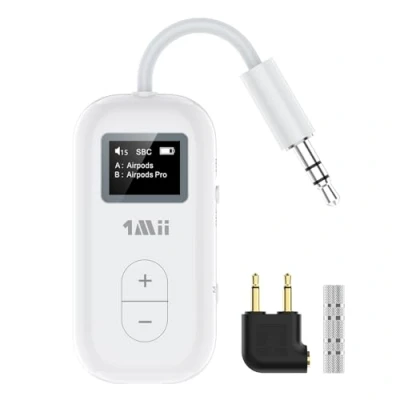 Immagine di 1Mii Adattatore Bluetooth 5.3 da Aereo per 2 AirPods o Cuffie, Supporta Bassa Latenza &amp; HD con Display, trasmettitore Wireless Audio 3,5 Mm AUX 25 Ore Aereo, TV, Palestra Solo