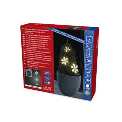 Immagine di Konstsmide 6132 103 LED luce tenda, fiocchi di neve in acrilico 3/per esterno (IP44)/Timer/15 diodi bianco caldo/a batteria: 4 X AA 1.5 V (non incluse)/cavo trasparente
