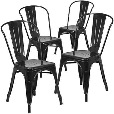 Immagine di Flash Furniture Sedia impilabile per Interni ed Esterni, in Metallo, Confezione da 4, Plastica Gomma, Nero, Set di 4