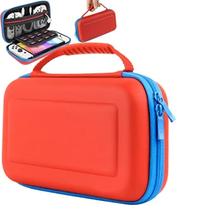 Immagine di Orzly Custodia Originale per Nintendo Switch OLED Console Rosso/Blu Neon con Borsa Accessori e Giochi in Storage Interno Kit da Viaggio Incluso Case Facile Pulire Edizione Gift Box