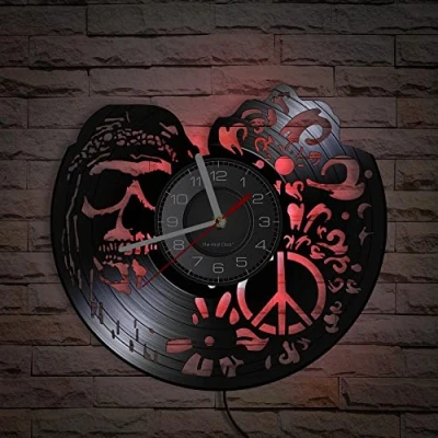 Immagine di Smotly orologio da parete in vinile con sette colori atmosfera luce notturna, design a forma di teschio, regalo personalizzato