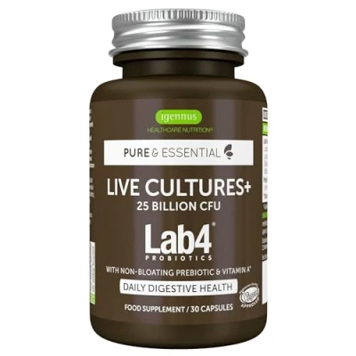 Immagine di Fermenti lattici vivi + Lab4 Probiotici e Prebiotici, delicati che non causano gonfiore 25 miliardi di ceppi probiotici, Lactobacillus &amp; Bifidobacterium, Vegano, 30 capsule