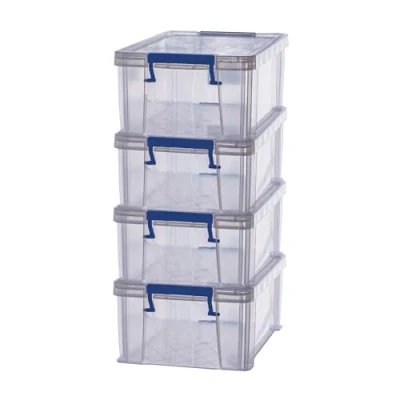 Immagine di Bankers Box Prostore 4 scatole portaoggetti in plastica con coperchio, 10 litri, impilabile, per armadio super resistenti, dimensioni 14x34x21.5 cm, contenitori trasparente, unità