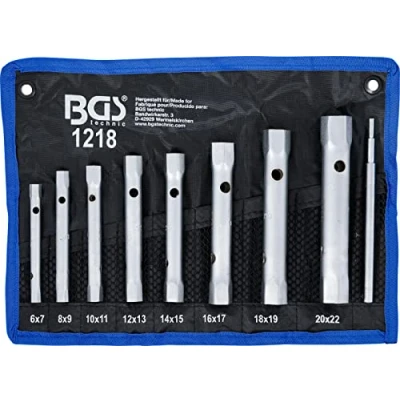 Immagine di BGS 1218 Set bussole per tubi 9 pezzi SW 6 x 7 20 22 mm metrico incl. borsa rotolabile in tetron, cromata, opaca