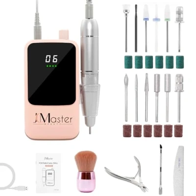 Immagine di Fresa unghie professionale JCMaster, 35.000 giri/min, lima elettrica portatile per in gel e acrilico, batteria ricaricabile, incl. 12 punte, comando a pulsante.