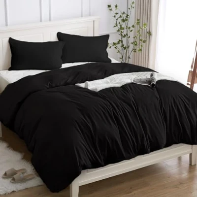 Immagine di Copripiumino Una Piazza e Mezza 100% Cotone 200x200 (2 Federe 50x80), Set in Premium 150GSM OEKO TEX, Morbida, Traspirante, Ipoallergenica Nero