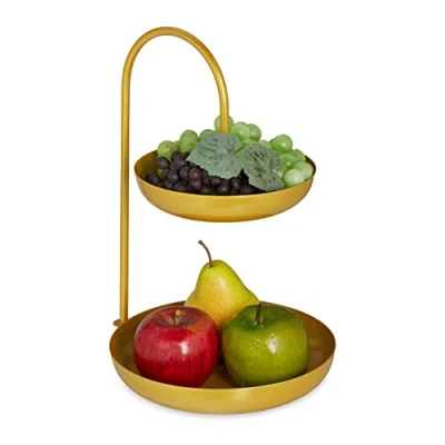Immagine di Relaxdays Alzata per Frutta a 2 Piani, in Ferro, HLP: 31x23x20 cm, Etagere Dolci, Piatti Rotondi Muffin, Dorato