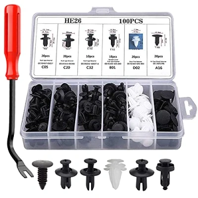 Immagine di LCOUACEO Rivetti in Plastica per Auto,100 Pezzi Clip Nylon Nero Automatico Universale Rivetto di Rivestimento Carrozzeria Assortimento con Strumenti Rimozione del Fissaggio