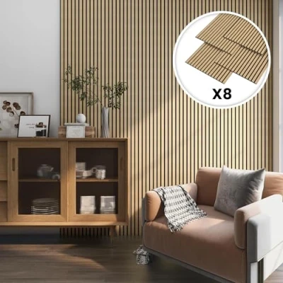 Immagine di NEU.HOLZ Set di 8 Pannelli Fonoassorbenti Decorativi Isolamento Acustico per Parete e Soffitto in Feltro PET con Listelli MDF Rovere chiaro