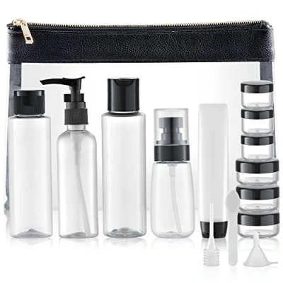 Immagine di Toureal 15 Pezz Bottigliette da Viaggio Set per Aereo (Max.100ml) Contenitori Liquidi Cosmetici Kit de Porta Flaconi Accessori (Trasparente)