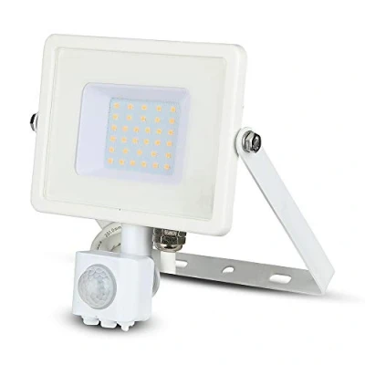 Immagine di V TAC VT 30 S W Faro LED Chip Samsung 30W con Sensore di Movimento e Crepuscolare Interruttore Manuale Bloccaggio Colore Bianco 6400K IP65