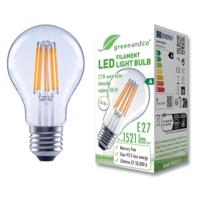 Immagine di greenandco Lampadina A filamento LED trasparente dimmerabile E27 A60 7,2 W 1521 lm sostituisce 100 3000 K bianco caldo 320 230V senza sfarfallio Classe energetica