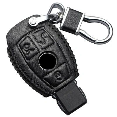 Immagine di Cover in pelle per chiave auto Mercedes Benz A B C E G K R S Class AMG CLA GLA VITO GLE ML GLK CLK portachiavi accessori Shell telecomando (punti neri, 2 pulsanti)