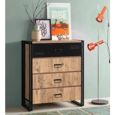 Immagine di Dmora Cassettiera Alphirk, Settimino Multiuso, Comò Camera da Letto, Mobile con cassetti, 90x40 h100 cm, Quercia e Nero, Pannello truciolare melaminico 18mm