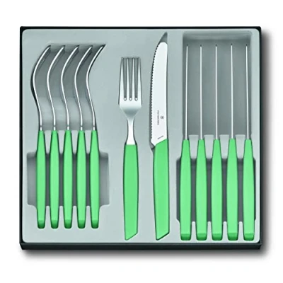 Immagine di Victorinox Swiss Modern Set di posate per 6 persone, 12 pezzi, incl. coltelli affilati e seghettati, manici in plastica, verde menta