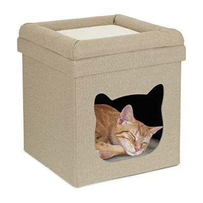 Immagine di Relaxdays Casetta per Gatti, Rifugio Soffice Gattini, Cuccia Pieghevole a 2 Livelli, 44 x 40 cm, Marrone Bianco