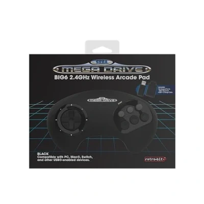 Immagine di Retro Bit BIG6 2.4 GHz SEGA Mega Drive Wireless Arcade Controller Pad for Original/Mini, Switch, PC &amp; Mac Black