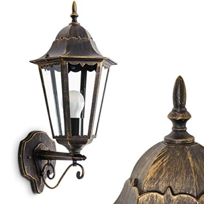 Immagine di lampada da parete per esterni Hongkong, verso l&#039;alto in stile antico, fusione di alluminio marrone/oro con vetri, E27, esterno retro/vintage patio e cortile, senza lampadina