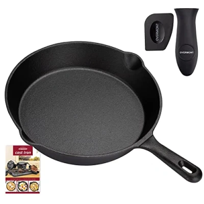 Immagine di OVERMONT Padella in Ghisa Pre stagionato Pentola Utensili da Cucina con Manico per Interni ed Esterni Griglia Friggere Fornelli Barbecue Falò Varie Dimensioni Nero Rotondo 25CM