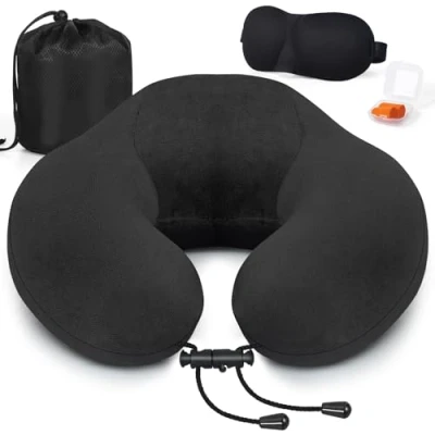 Immagine di Cuscino da viaggio, collo in memory foam, di supporto, Cervicale Viaggio per Auto, con Maschera gli Occhi e Tappi le Orecchie, Borsa (Nero)