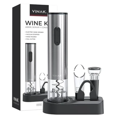 Immagine di VINAK Set vino WINE KIT Cavatappi elettrico a batterie in acciaio inox + tappo vuoto versatore tagliacapsule Design moderno Apribottiglie senza sforzo
