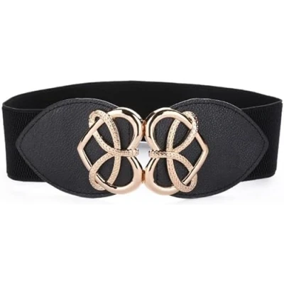 Immagine di RPAEOY Cintura Donna PU Pelle Cinta con Forma di Cuore Fibbia In Metallo Elastica Larga Retrò Fusciacca Per Abiti Vestito Camicia Nero