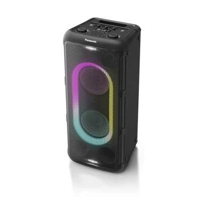 Immagine di Panasonic SC TMAX45E K Altoparlante Sistema Audio ad Alta Potenza con Bluetooth, 1000W, Luci Integrate, USB, Ingresso Ottico per TV, Ingressi Chitarra e Microfono Karaoke, Nero