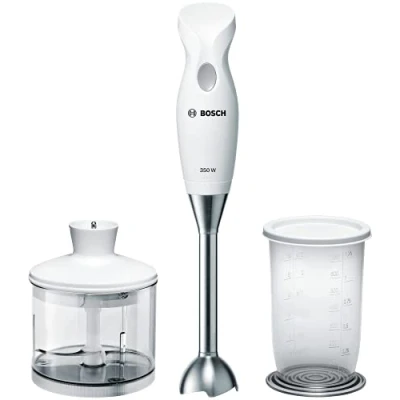 Immagine di Bosch MSM6B500 Frullatore a immersione, 350W, Lama in acciaio inox, Impugnatura ergonomica, Facile da usare e pulire, Tritatutto incluso, Bicchiere graduato Grigio