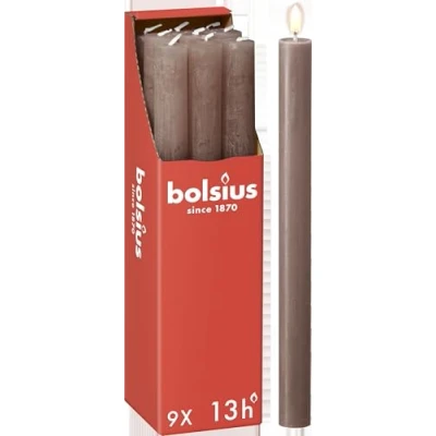 Immagine di Bolsius Candele rustiche tortora 9 pezzi 27 x 2,3 cm Lunghezza durata 13 ore Non profumate Contiene cera vegetale naturale Senza olio di palma