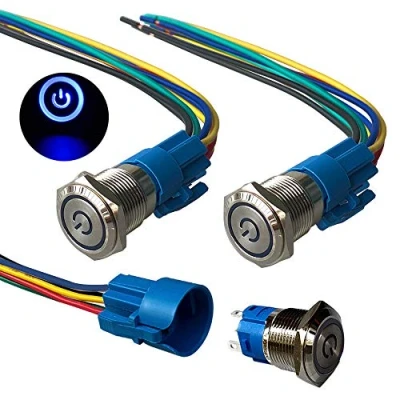 Immagine di QitinDasen 3Pcs Premium 12V / 24V 5A Interruttore a Pulsante Autobloccante, 19mm in Metallo con LED Blu, Avviamento Auto Acciaio Inossidabile impermeabile