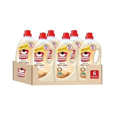 Immagine di Omino Bianco Detersivo Lavatrice Liquido, 312 Lavaggi, Rispetta Colori e Tessuti, Fresco Profumo con Essenza Cuore di Marsiglia, 2600 ml x 6 Confezioni
