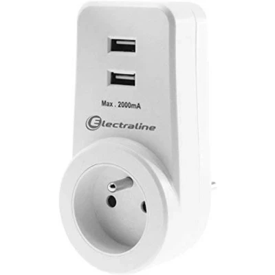 Immagine di Electraline 70068 Adattatore multipresa tripla 1 presa 16 A + 2 USB ricarica rapida 3,4 A, colore: Bianco