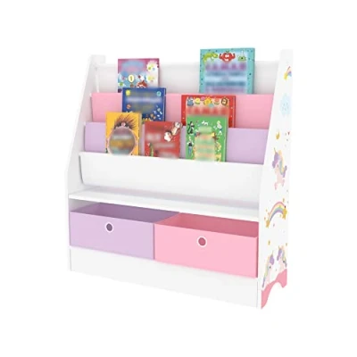 Immagine di [en.casa] Scaffale per Cameretta con Contenitori a Scaletta Libri e Scatole Pieghevoli Porta Giochi Mobile Misura di Bimbi in Design Unicorno Viola/Rosa/Bianco