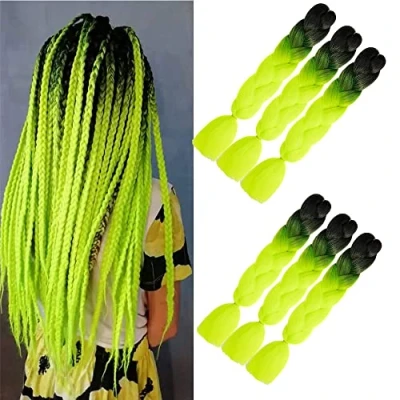 Immagine di Kanekalon treccia capelli giallin 6Pcs sintetici Afro Jumbo estensioni dei 24 pollici 2 toni per le donne Twist uncinetto trecce 100g (nero a verde fluorescente)