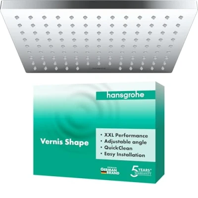 Immagine di hansgrohe Vernis Shape Soffione doccia, Doccia a pioggia quadrato (230 x 170 mm) con 1 getto per montaggio parete/soffitto, funzione anticalcare, cromo, 26281000