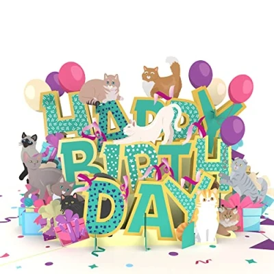 Immagine di MOKIO® Biglietto Compleanno Pop Up Happy Birthday Gatti regalo 3D con motivo di gatto per un compleanno, come buono o regali in denaro, auguri