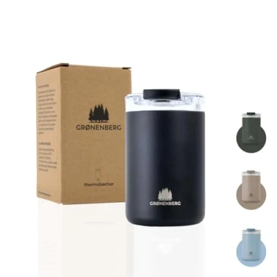 Immagine di Groenenberg Tazza termica da 350 o 470 ml, 100% a prova di perdite, mantiene caldo almeno 4 ore, in acciaio inox riciclato (nero, ml)