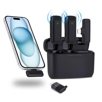 Immagine di NK Microfono Wireless con Custodia di Ricarica Lavalier per iPhone/Android/PC/Laptop, Plug&amp;Play, 2 Mics registrazioni Tiktok/Twtch/Youtube, Riduzione del Rumore, Senza APP