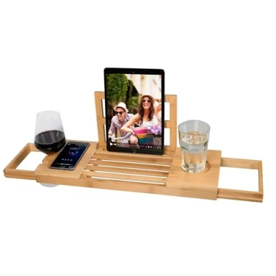 Immagine di alpina Vassoio Vasca da Bagno Regolabile Portaoggetti 50 92 x 18 4 cm Mobile Bambù con Supporto per Libri e Tablet Incl. Porta Bicchieri Accessori